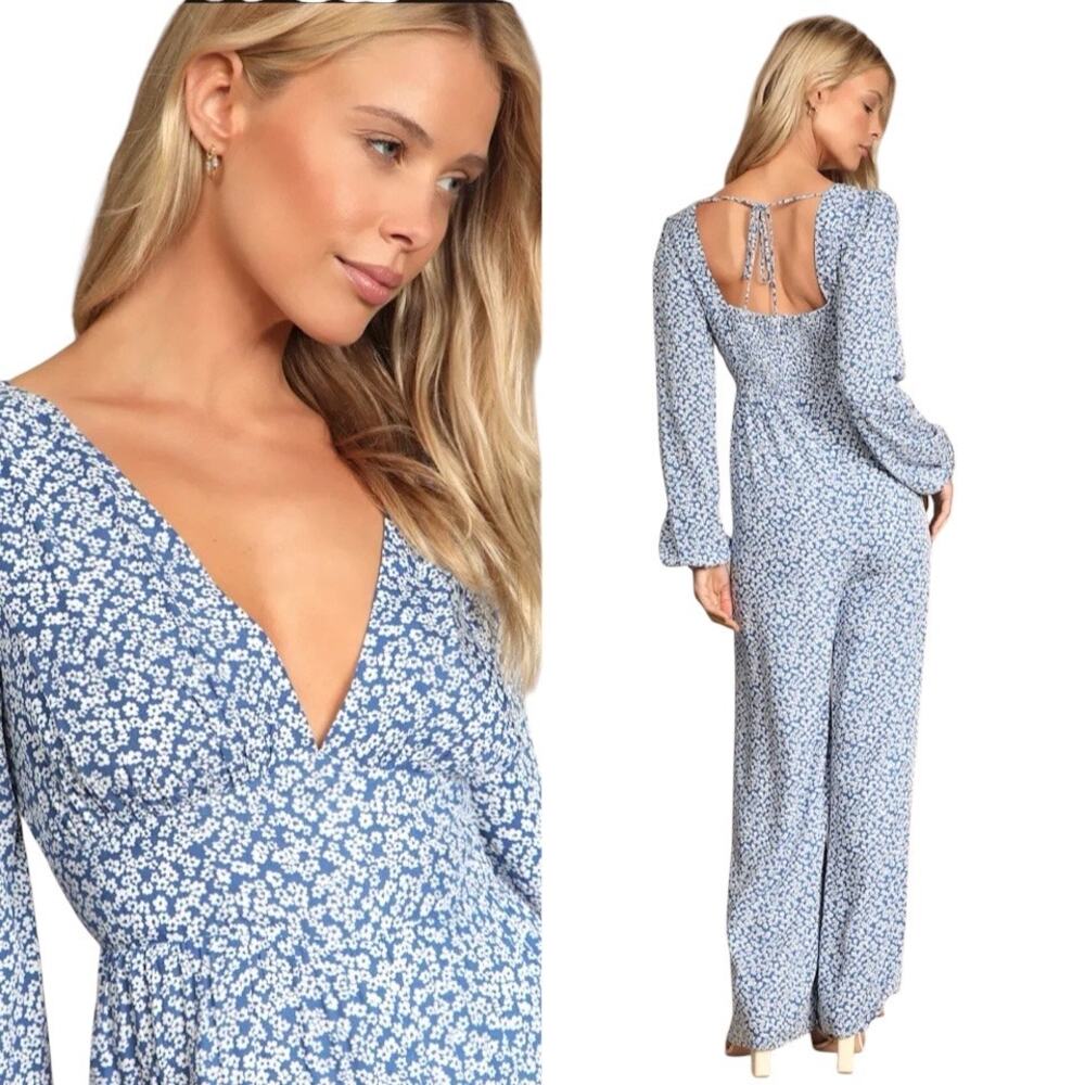Lulus Afternoon Out Blue Floral Print Long Sleeve Jumpsuit Size Large - Picture 7 of 7